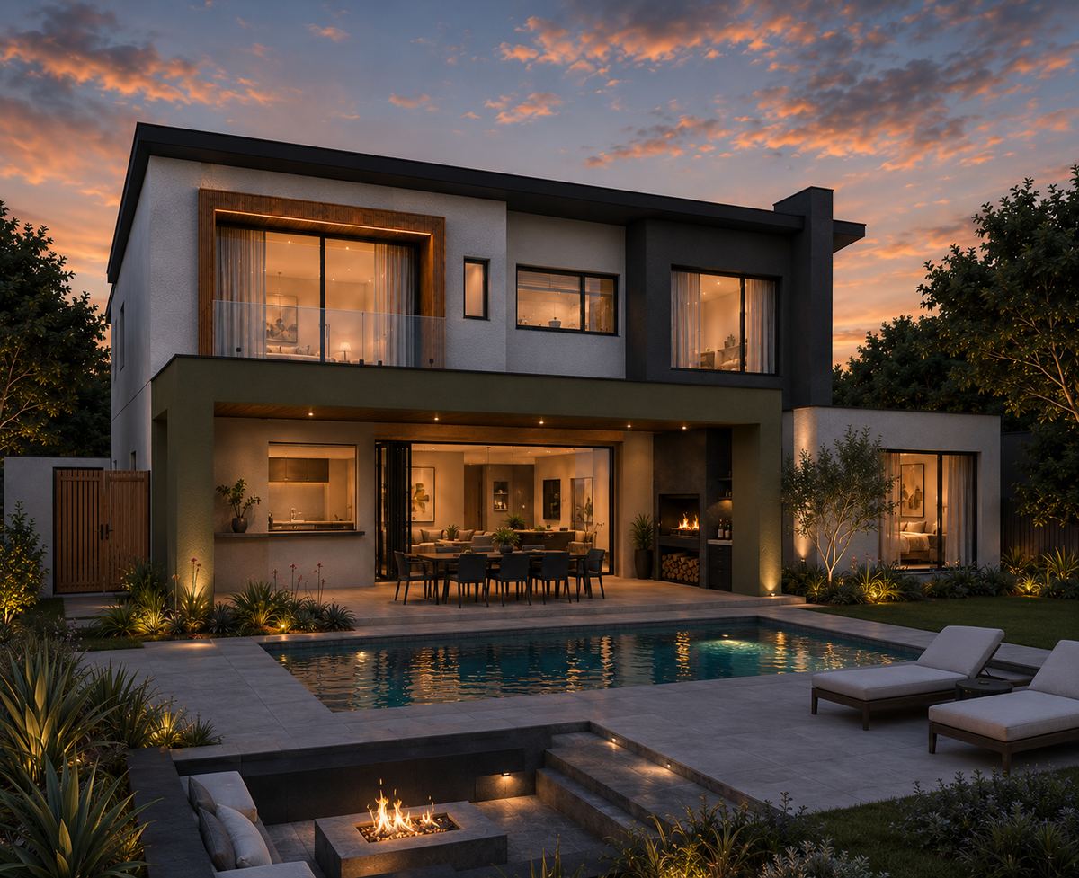 Concept visualisation of a garden, pool and covered terrace at dusk
