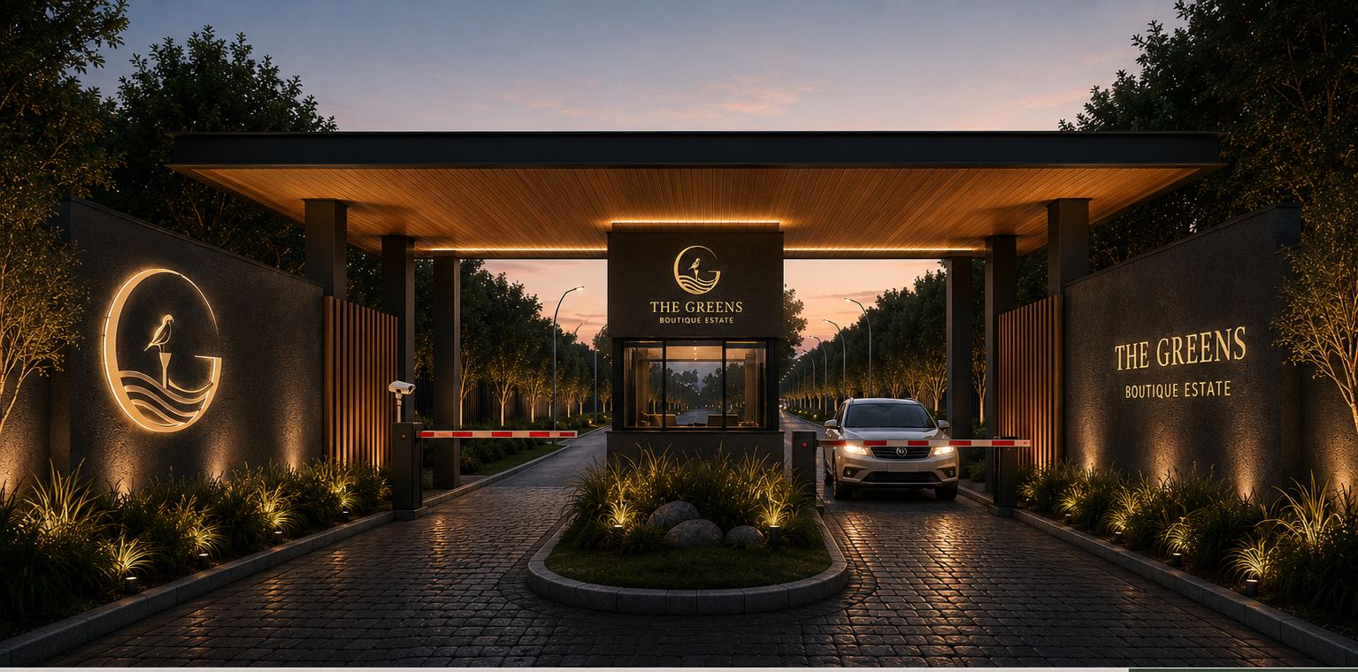 Concept of The Greens entrance: a floating timber canopy over charcoal walls, the estate logo lit at dusk